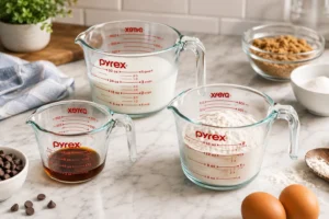 Pyrex Essentials (3-Pack) Glass Measuring Cups Set, (1, 2 & 4 Cup) Measuring Cups For Prepping, Baking and Cooking, Preheated Oven, Dishwasher, Freezer,